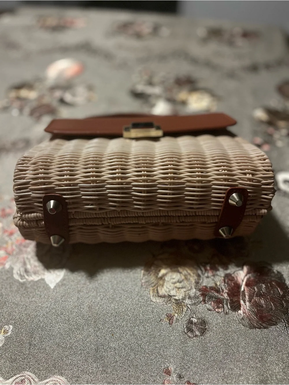 Tommy Bahama Tan Leather & Wicker Top-Handle Bag